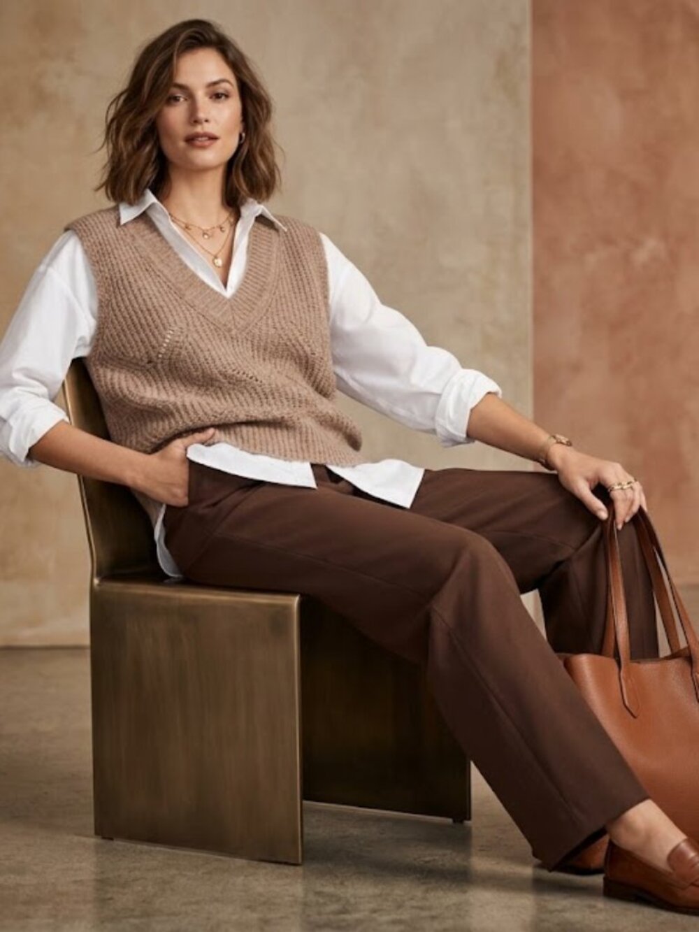 NWT ONLY Gila Brown Melange Pointelle Cable Knit V-Neck Sweater Vest Medium